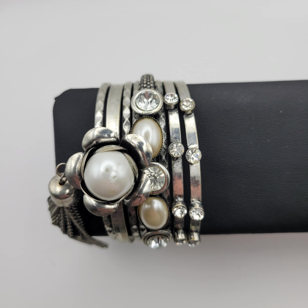 Silver Tone Cuff Bracelet With Faux Pearl And Crystal Accents